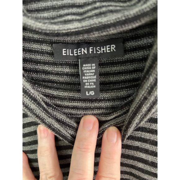 Eileen Fisher Tunic Top L Gray Black Stripe Knit Merino Wool Lightweight Sweater - Picture 6 of 9